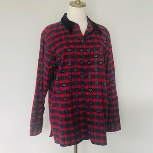 Red Black Plaid Shirt Large Black Corduroy Collar Basic Editions Holiday